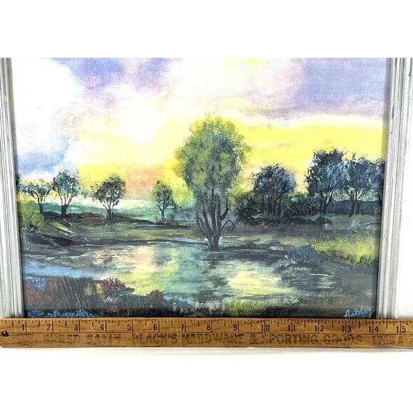Ashley 1995 Framed Landscape Print Trees at Sunset Pond Reflection Art 15x12 - Picture 3 of 5